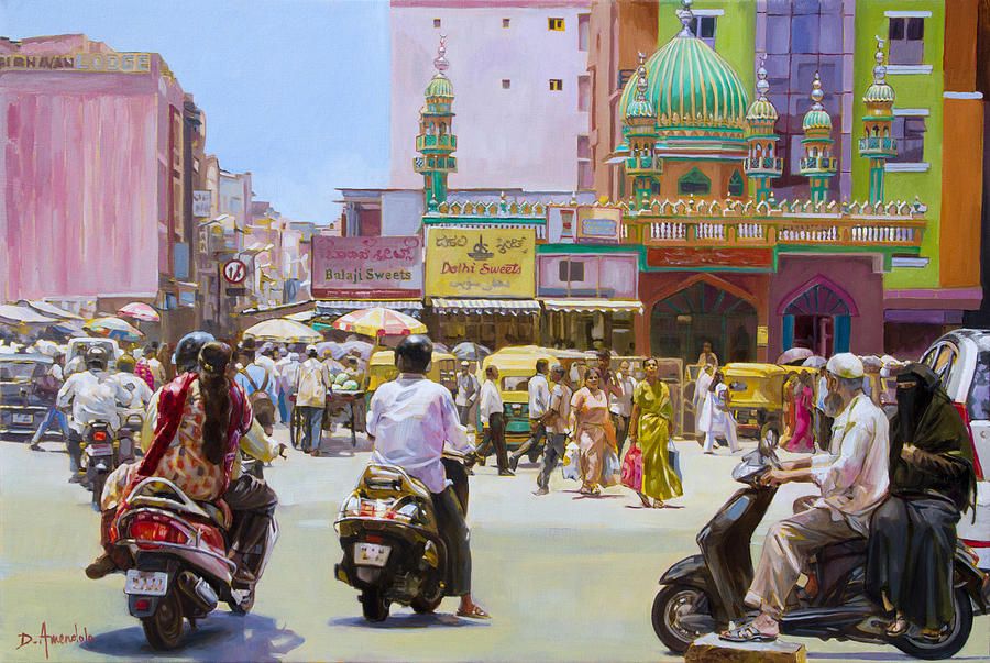 Street Scene in Bangalore, India by Dominique Amendola buff.ly/2HJhU7w
In this painting many Indian citizens are heading towards the market called City Market, Muslins and Hindus have the same purpose: to get groceries, fruits, and vegetables.