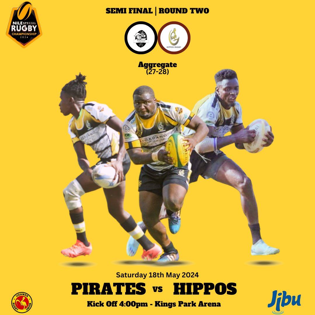 THE BATTLE RAGES ON:
After an exciting victory at Home (Damwaters), we march into enemy territory to tackle the Stanbic Black Pirates in a #NSRC2024 Semi-Final duel.

SEE YOU THERE
#HipposTunameza #RaiseYourGame #NileSpecialRugby #HippoSTRONG