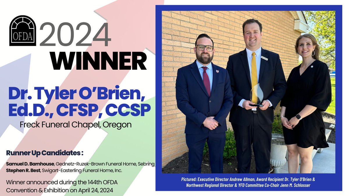 Congratulations to the 2024 Young Funeral Directors (YFD) Distinguished Service Award Recipient, Dr. Tyler O'Brien of Freck Funeral Chapel. To learn more about the #OFDA YFD Annual Service Award, visit ow.ly/EOk550JP2Ye