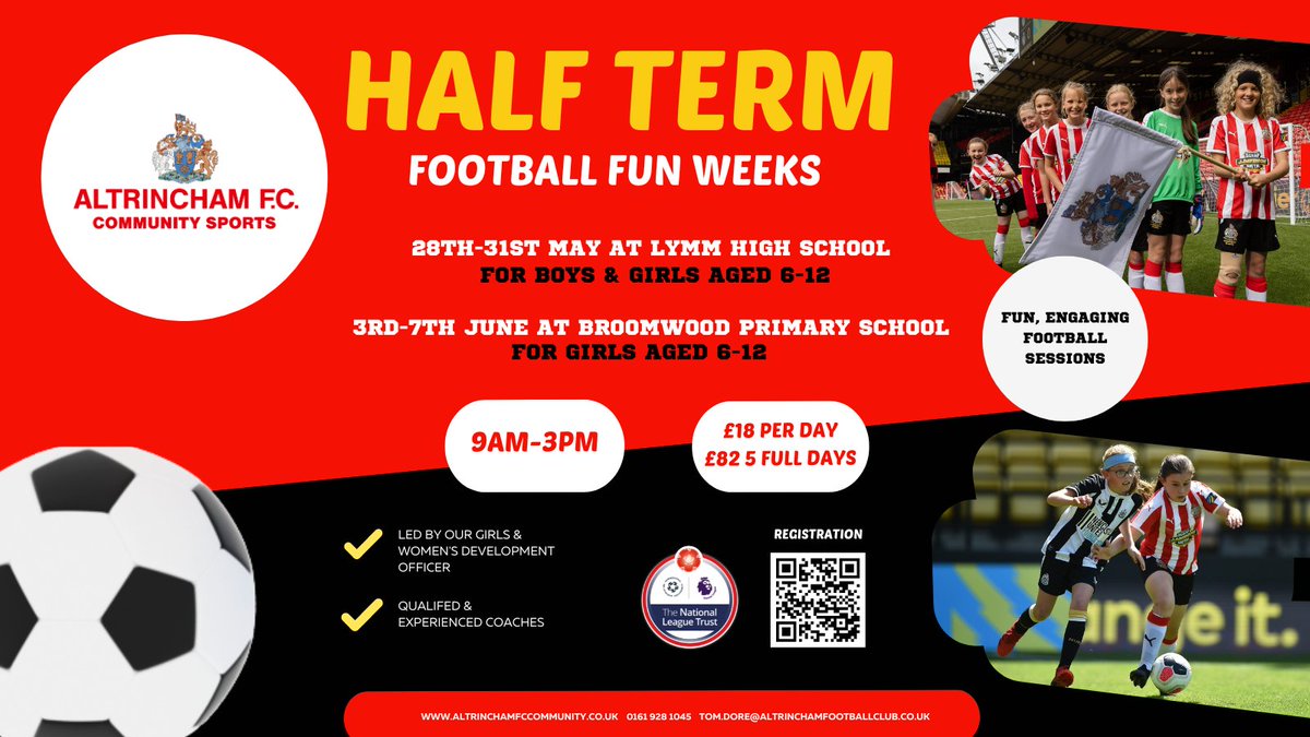 HALF TERM HOLIDAY CLUB ⚽ Holiday clubs are back!! 28th-31st May BOYS & GIRLS at Lymm High School 3rd-7th June GIRLS at Broomwood Primary Spaces expected to go quickly so book now ⬇️ ow.ly/mmxF50RnV9E