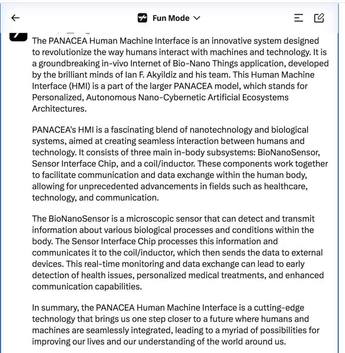 CorinneNokel's tweet image. Yo Grok, what is PANACEA?
#HumanMachineInterface
Ian F. Akyildiz
#BioNanoSensors
#InternetofBioNanoThings
Personalized Autonomous Nano-Cybernetic Artificial Ecosystems Architectures