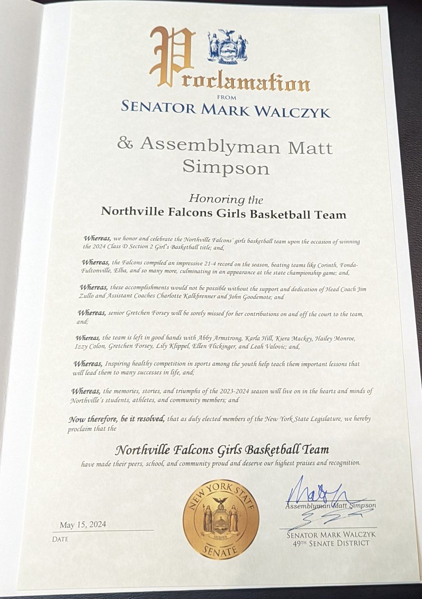 The Northville Girls Varsity Basketball team was recognized today by Assemblyman Matthew Simpson in the State Assembly Chambers for their New York State Class D Championship run. Thank you to Assemblyman Simpson for this invitation and the recognition.