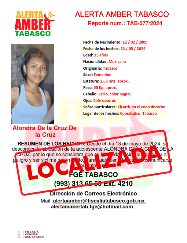 Personas Desaparecidas Tabasco, desactiva cédula de  alerta amber a nombre de la adolescente ALONDRA DE LA CRUZ DE LA CRUZ.