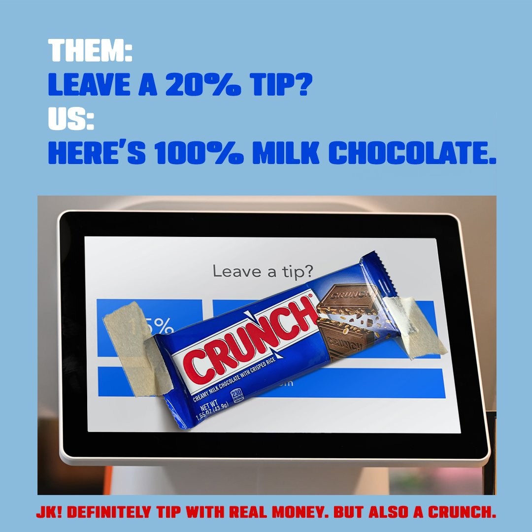 crunchbar's tweet image. Here&apos;s a new game: Next time you tip, put your wallet away and leave a CRUNCH behind. Drop a 🍫 and we may give you the 100% milk chocolate and crisped rice you need to play.

#tipping #tippingculture #CRUNCH