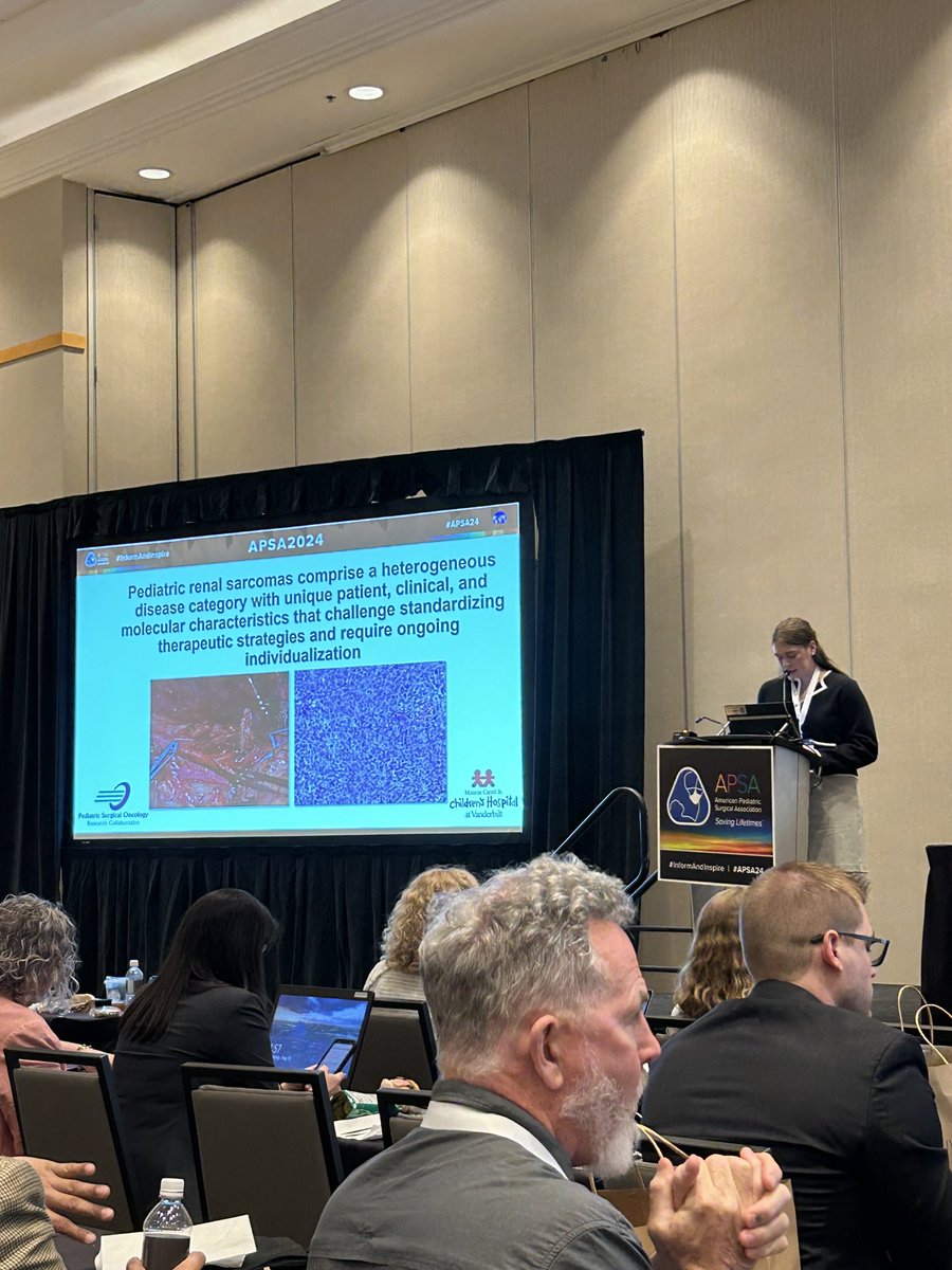 ⁦@KT_McKay_⁩ representing ⁦@PedSORC⁩ at APSA/IPSO meeting while summarizing multi-institutional experience with pediatric renal sarcomas. n=158 patients, 11 different sarcoma types. Histology, stage, & met pattern associated with survival. ⁦@VUMCSurgRes⁩