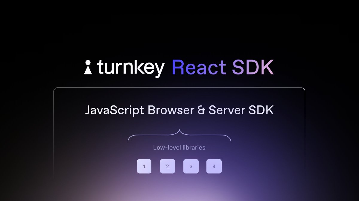 INTRODUCING Turnkey's React, JavaScript, and Swift SDKs ◘ Powerful abstractions for embedded wallet flows ◘ JS Browser & Server SDK ◘ React native passkey stamper ◘ Comprehensive Swift SDK More here, or DM us: turnkey.club/SDKs