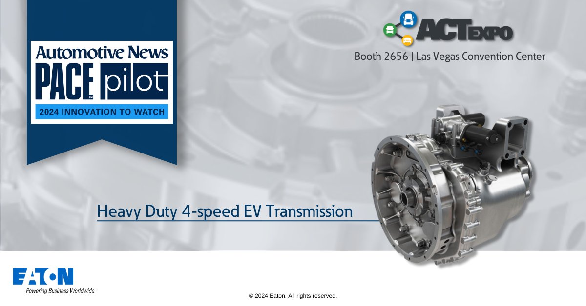 Did you hear the news? Our heavy-duty 4-speed #EV transmission was awarded as a 2024 #PACEpilot Innovation to Watch by Automotive News! Come see it at the #ACTExpo2024 in Las Vegas, May 20-23. Learn more about how our innovation can be your solution: eaton.works/3QgJdJa