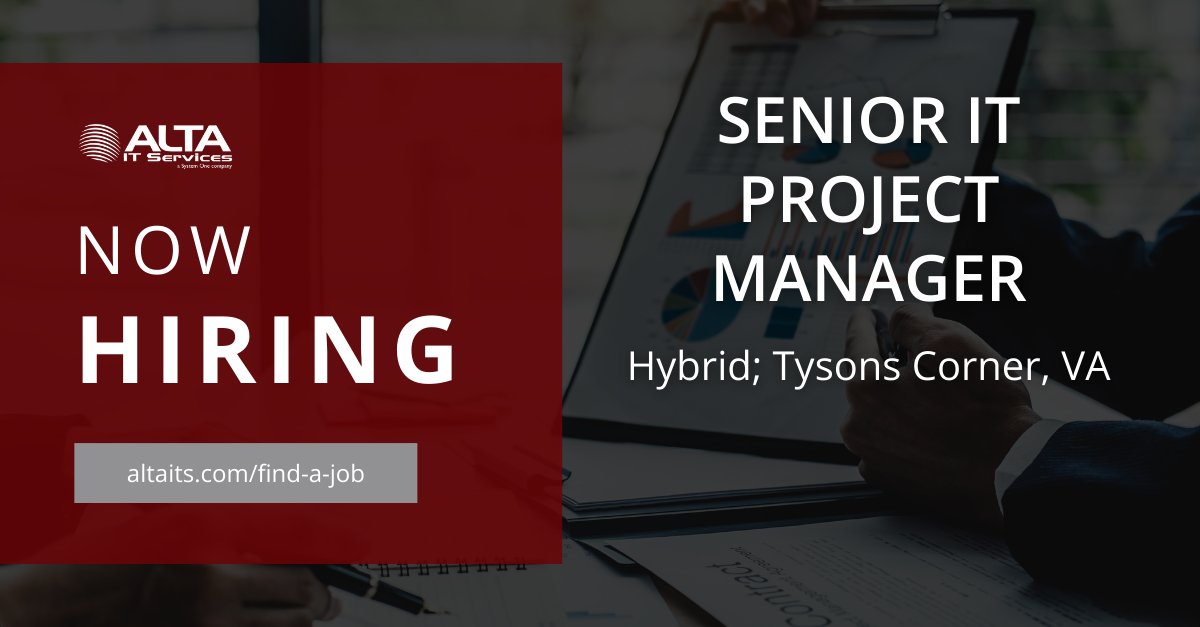 ALTA IT Services is #hiring a Senior IT Project Manager for #hybrid work in Tysons Corner, VA.
Learn more and apply today: ow.ly/j44w50RHj91
#ALTAIT #ProjectManager #HybridWork #TysonsCornerVA #ITJobs #Agile #PMP #ScrumManager #GovernmentConsulting #PublicTrust