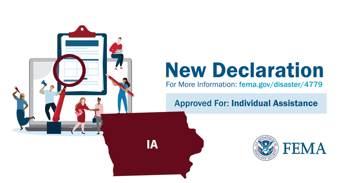 Yesterday, the @WhiteHouse approved a major disaster declaration in Iowa following the April tornadoes. Residents may apply for federal assistance if they live in one of the designated areas. Additional areas may be added as damage assessments continue. 🔗fema.gov/disaster/4779