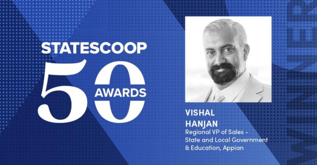 We’re excited to announce Appian Regional Vice President of Sales, Vishal Hanjan, was recognized with the @State_Scoop 50 Award for industry leadership for his significant contributions in government IT. 🎉 👉Details: ap.pn/3WIKoVz #StateScoop50 #PubSec #GovTech