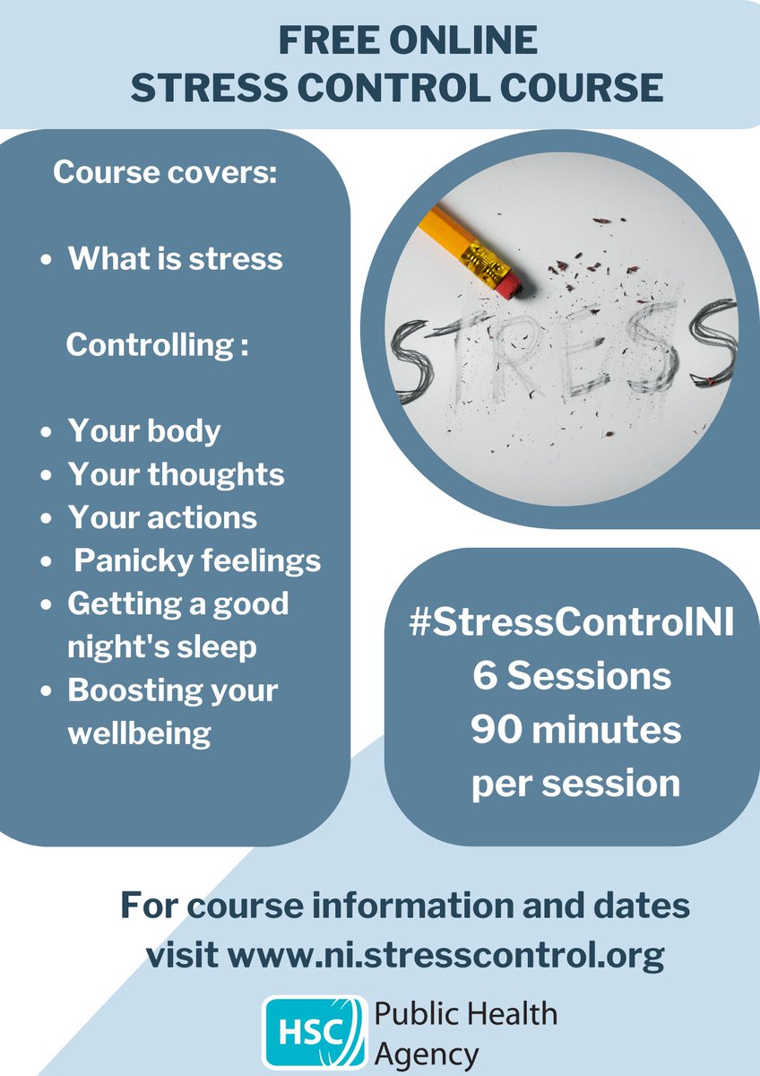 The next free Stress Control online course will start on Monday 3 June 2024. The course will run for 6 weeks. You do not need to register to join – just follow the instructions at ni.stresscontrol.org to view each weekly session. @healthdpt @MHC_NI