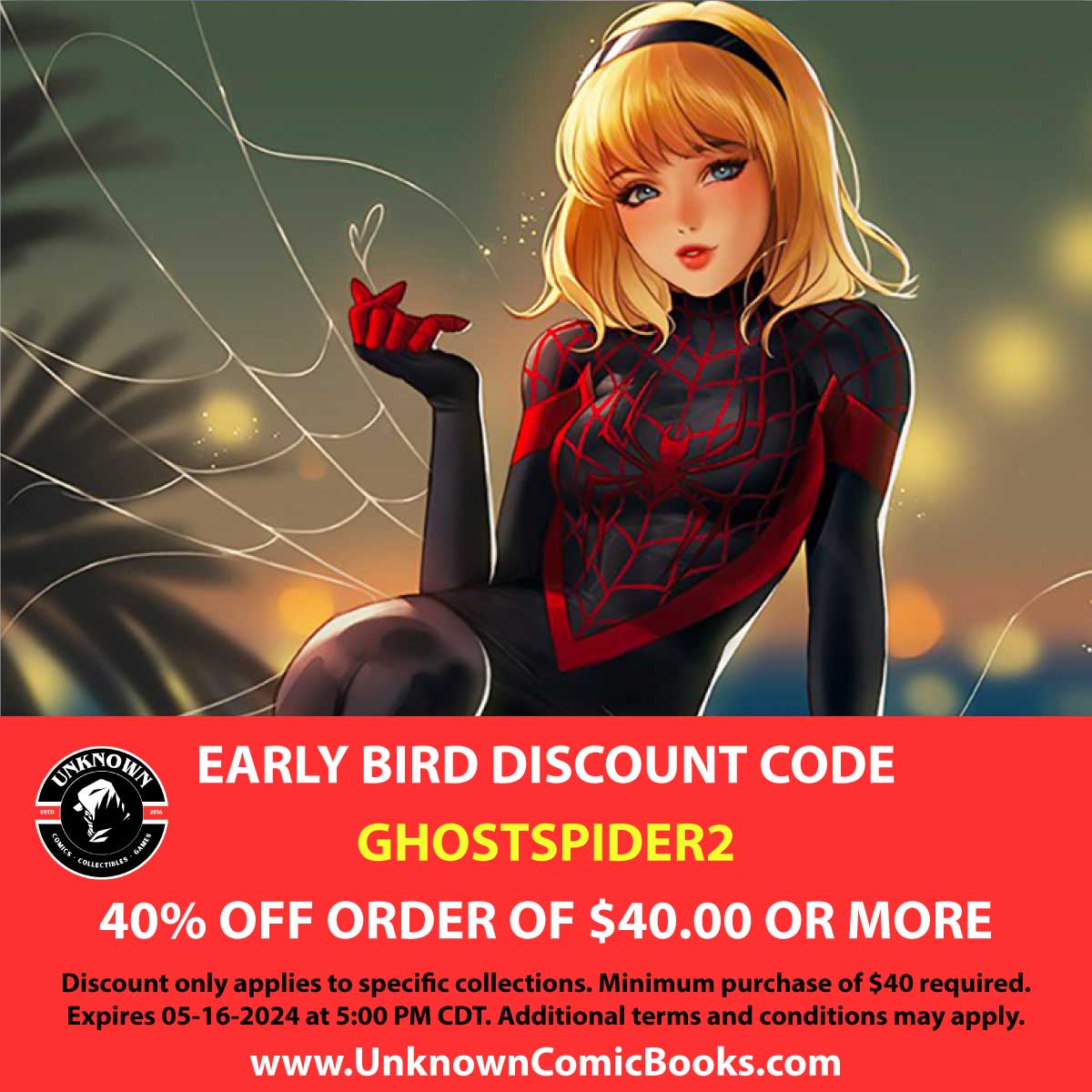 Spider-Gwen's got a new suit & YOU can save 40%!  The exclusive Spider-Gwen Ghost-Spider #2 by Leirix is NOW LIVE! Use code GHOSTSPIDER2 for 40% off exclusives over $40 (expires 5/16 5PM CST)! UnknownComicBooks.com #SpiderGwen #ExclusiveCover  #UnknownComics