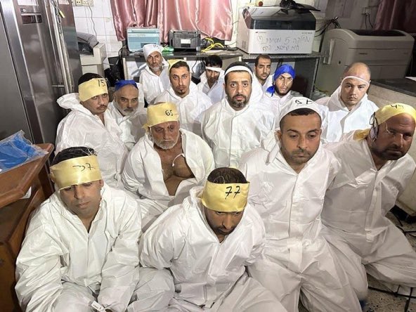 Gli israeliani pubblicano questa foto di medici e giornalisti legati, vestiti con tute tutte uguali e bende con numero identificativo, scattata all’ospedale Al Shifa prima del massacro. 

Cosa vi ricorda?
