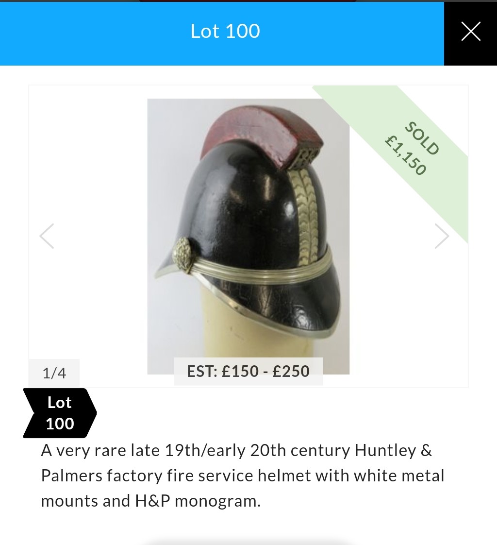 There was a fervid bidding war between commission, room, and phone bidders for this ultra rare Huntley & Palmer biscuit factory fire helmet. Eventually, the phone bidder won out at £1,150.00. Rarity and quality always win the day. #auctions #bentleyskent
