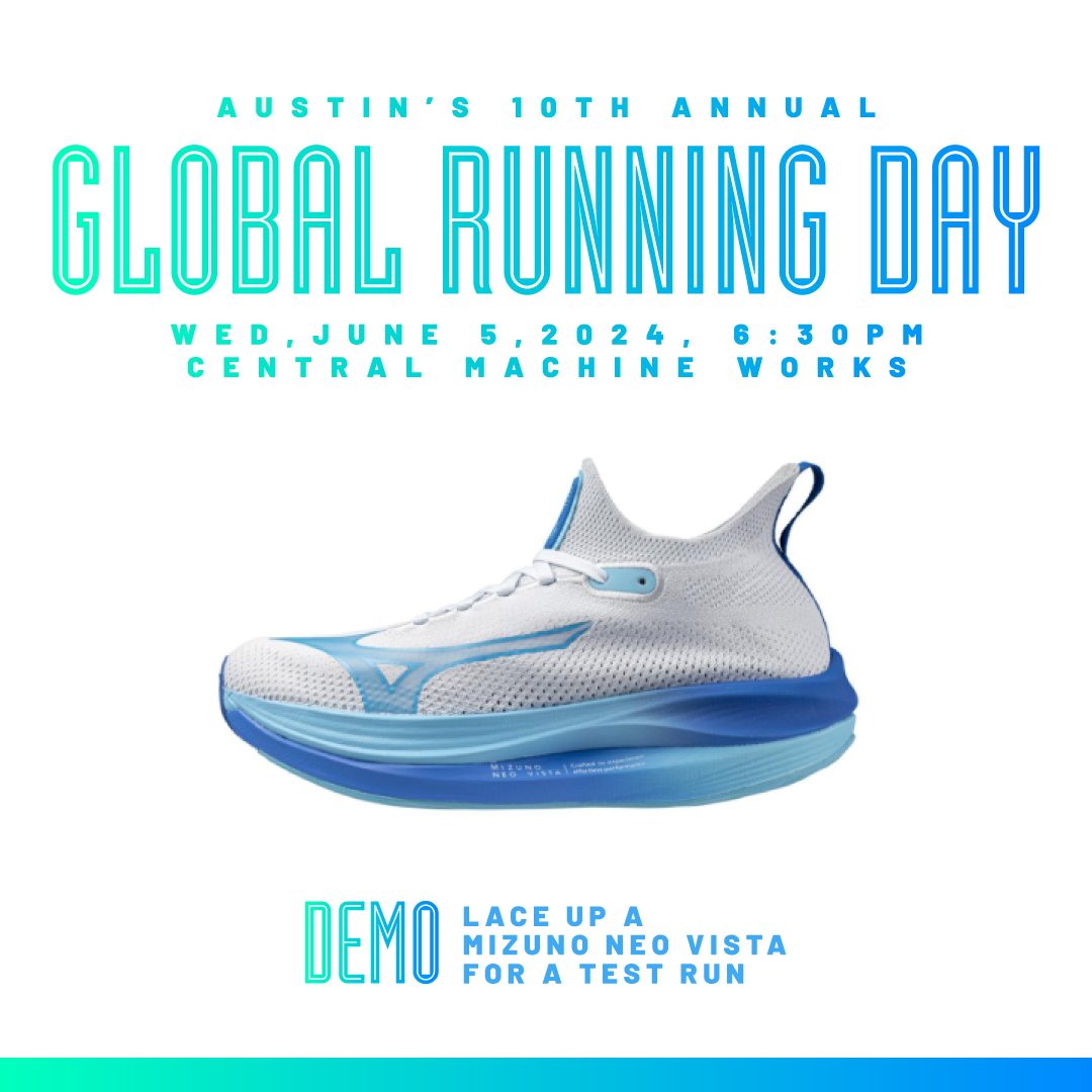 Austin’s 10th Annual Global Running Day community social run is Wednesday, June 5, 2024, at Central Machine Works. Take a free demo run in the Mizuno Neo Vista. Simply choose your size in one of our Neo Vistas for Global Running Day and let your old kicks take a breather.