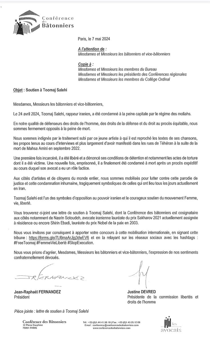 Le barreau de Saintes se joint aux 163 barreaux de la <a href="/Conf_Batonniers/">ConférenceBâtonniers</a> pour demander la libération immédiate de l'artiste Toomaj SALEHI qui a été condamné à mort pour avoir exprimé son soutien au mouvement Femmes Vie Liberté en IRAN.
 <a href="/CNBarreaux/">Conseil national des barreaux - les avocats</a>