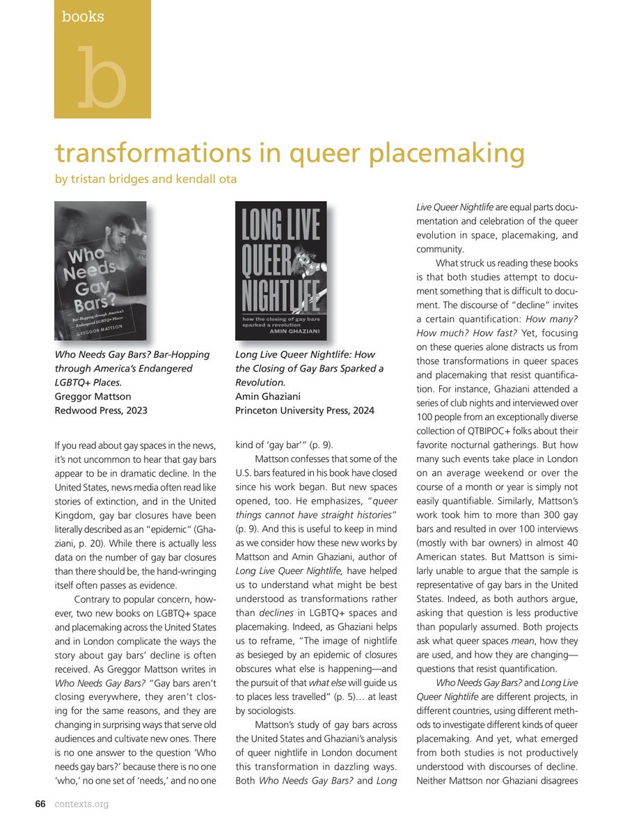 Kendall Ota and I reviewed @GreggorMattson's new book on gay bars across the US and @Amin_Ghaziani's new book on queer nightlife in London in this issue of @contextsmag. (1/2) journals.sagepub.com/doi/full/10.11…