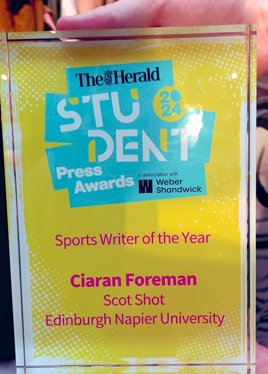 Congratulations to @CiaranForeman_ on winning the Sports Writer of the Year award at @heraldscotland Student Press Awards. @EdinburghNapier is proud of you! Good luck for the next part of your career. Thanks to The Herald and sponsors @WSScotland for supporting young journalists.