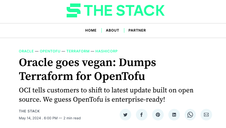 Oracle has swapped Terraform for the #opensource fork OpenTofu under the hood of its Oracle E-Business Suite (EBS) Cloud Manager.
thestack.technology/oracle-dumps-t… 

This follows HashiCorp's decision to take Terraform off open source:
logz.io/blog/terraform…
 #devops #IaC @OracleCloud