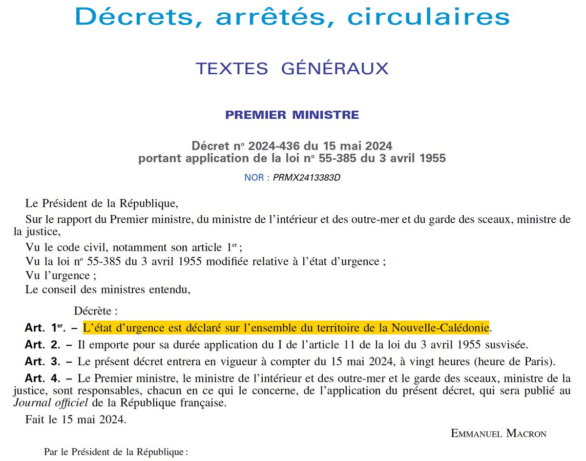 Publication en urgence au JORF du décret n° 2024-436 du 15 mai 2024 déclarant l'état d'urgence sur l'ensemble du territoire de la Nouvelle Calédonie. Le décret est entré en vigueur ce jour à 20h (heure de Paris) ▶️legifrance.gouv.fr/jorf/id/JORFTE…