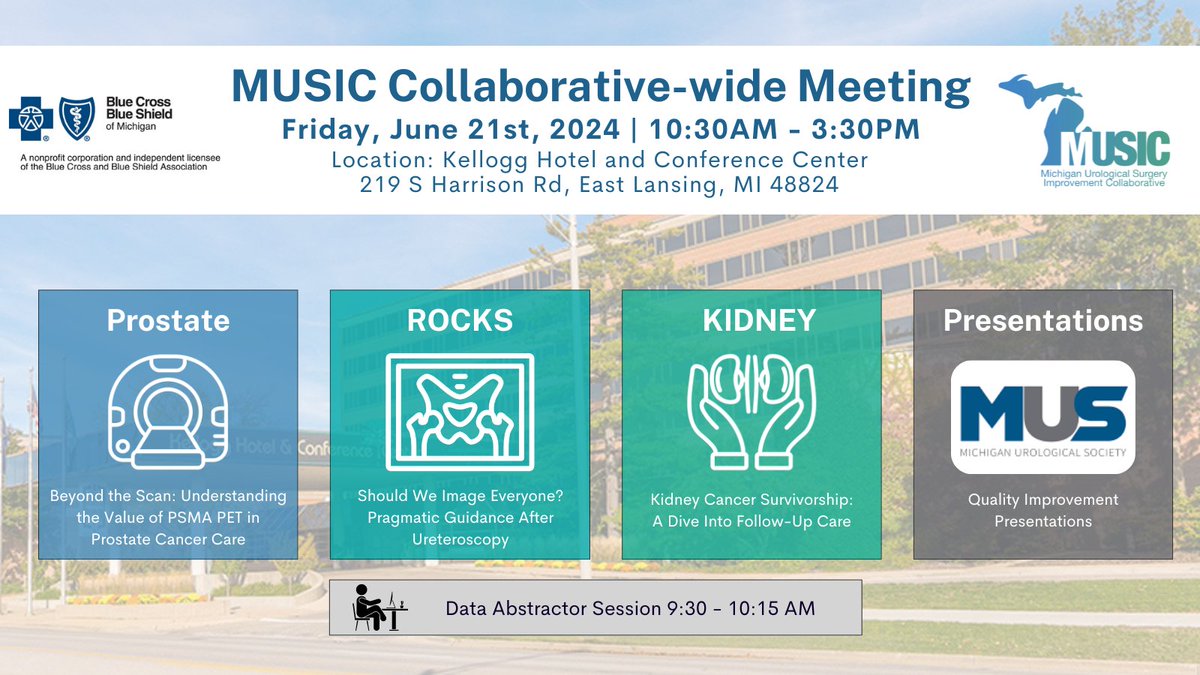 🎶MUSIC Members: Our June Collaborative-wide Meeting is coming up! 

Details were emailed last week.  Register Now! 

📅Friday June 21st, 10:30 AM - 3:30 PM EST  #QualityImprovement #ROCKS #PCA #Kidneystones #KIDNEY #RenalMass
@BCBSM