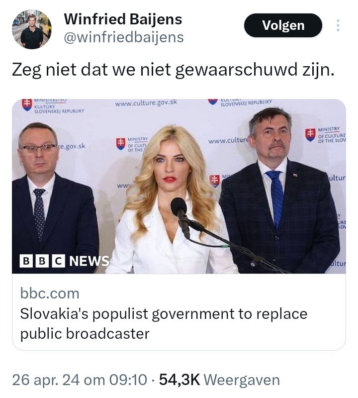 @NOS Op @geenstijl kan men lezen dat de dader Juraj Cintula heet en een aanhanger van de partij 'Progressief Slowakije' zou zijn. Ook zou hij het niet eens zijn met het vervangen van de linkse publieke omroep. @winfriedbaijens (NOS) plaatste daarover eerder het onderstaande bericht.