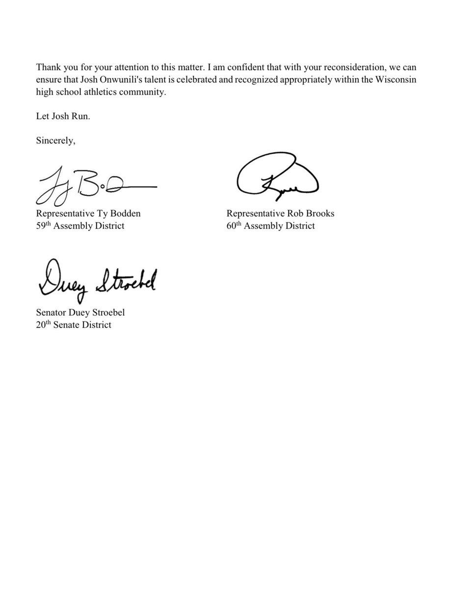 Today, @SenStroebel,<a href="/RepRobBrooks/">Rob Brooks</a>, and I sent a letter to the #WIAA demanding that they let Campbellsport track star, Joshua Onwunili, compete at state. The WIAA better make the right decision. #LetJoshRun