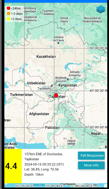 EQ of M: 4.4, On: 16/05/2024 00:33:22 IST, Lat: 38.85 N, Long: 70.56 E, Depth: 10 Km, Location: Tajikistan. For more information Download the BhooKamp App riseq.seismo.gov.in/riseq/earthqua… @KirenRijiju @Ravi_MoES @Dr_Mishra1966 @ndmaindia @Indiametdept