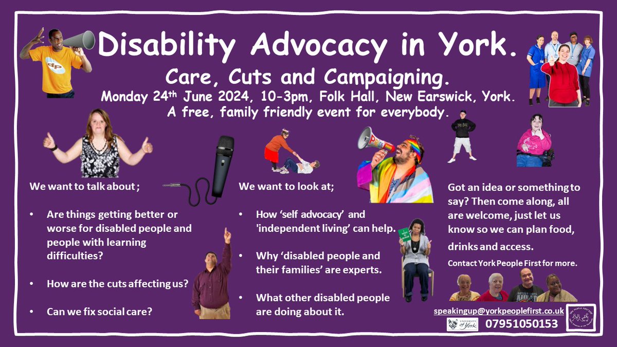 Please join us for Disability Advocacy In York At New Earswick Folk Hall on Monday 24 June 2024 between 10am and 3pm. If you have something to say please do come along. We will discuss Are Things Getting Better or Worse for People with Learning Difficulties?. @HodgkinsSL