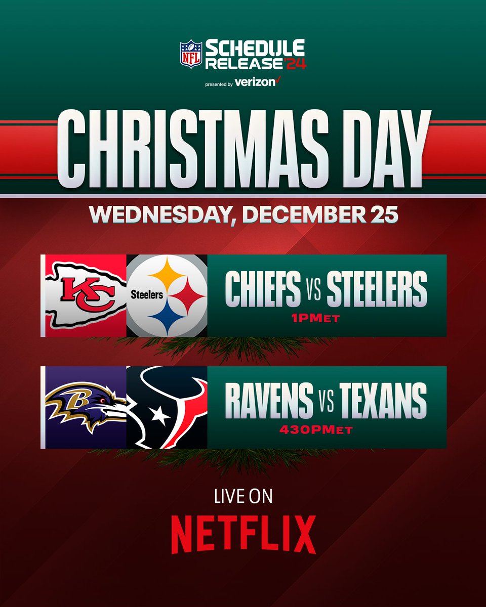 NFL's tweet photo. NFL Christmas Day doubleheader LIVE on @netflix! https://t.co/rWWNlvIBT6