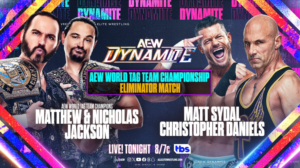 .@facdaniels and @MattSydal look to give the EVPs a dose of their own medicine as they face off against @youngbucks on #AEWDynamite! Don't miss a moment LIVE at 8/7c on TBS