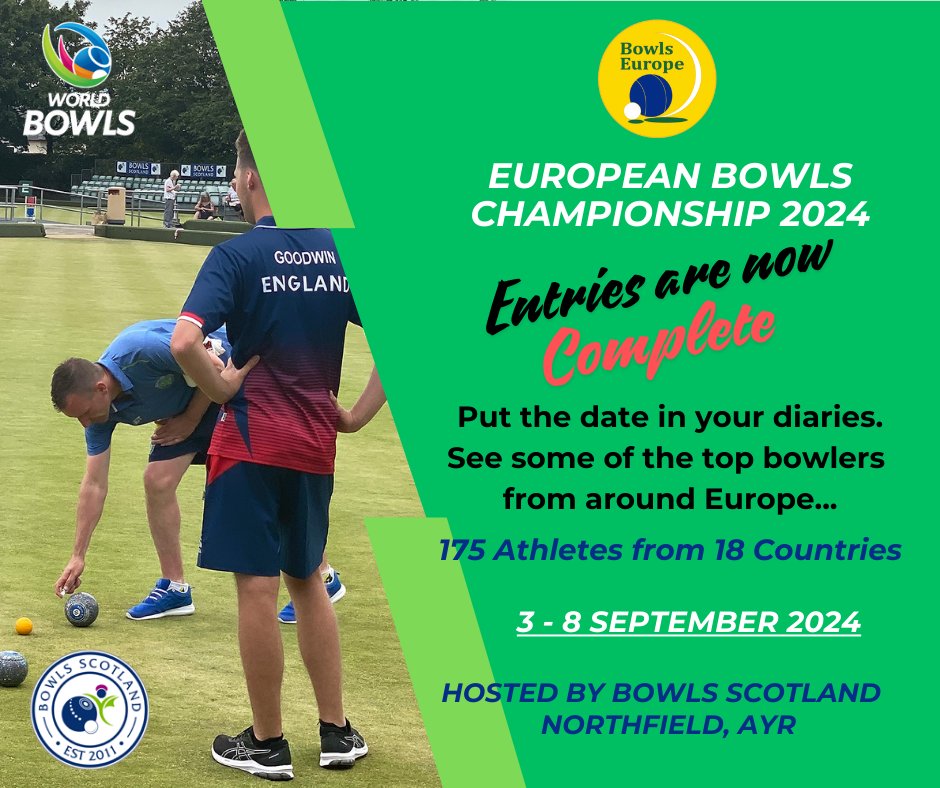 European Bowls Championships 2024
As time ticks down we can now look forward to seeing the some of the top bowlers from around Europe.
Whether you intend to watch the games live or watch via Livestream...... Put the dates in your diary.