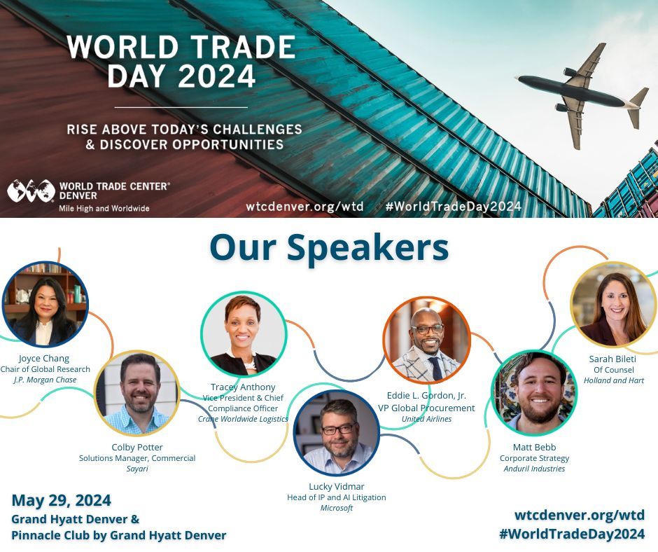 Our lineup of speakers is ready to inspire at #WorldTradeDay2024 🌍✨ on May 29! Join us as they share invaluable insights and strategies for navigating the global marketplace. Reserve your spot today! buff.ly/3yaoMXS #wtcdenver #worldtradeday #wtcevents #colorado