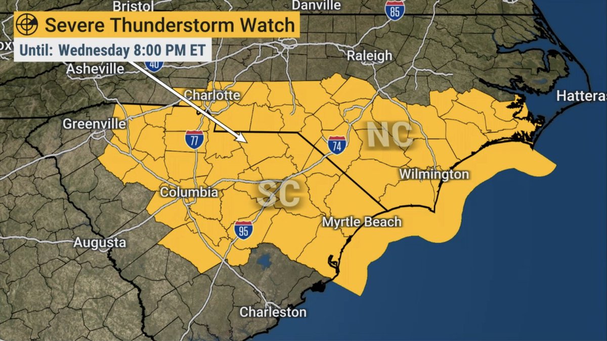 A Severe Thunderstorm Watch has been issued for parts of North Carolina and South Carolina until 8:00 p.m. ET: bit.ly/3UzM2rh