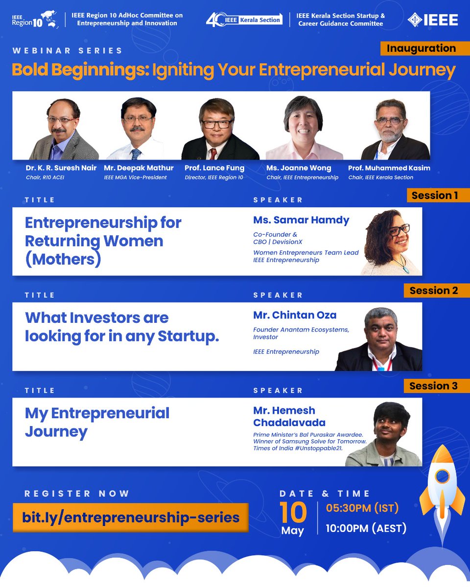 ieeeENT's tweet image. Bold Beginnings: Igniting Your Entrepreneurial Journey Webinar Series
@IEEER10 @IEEEKerala
entrepreneurship.ieee.org/2024_05_bold-b…
#callingall
aspiring entrepreneurs
academicians
young professionals
women in engineering
returning women
students
REGISTER
bit.ly/entrepreneursh…
#Entrepreneurship