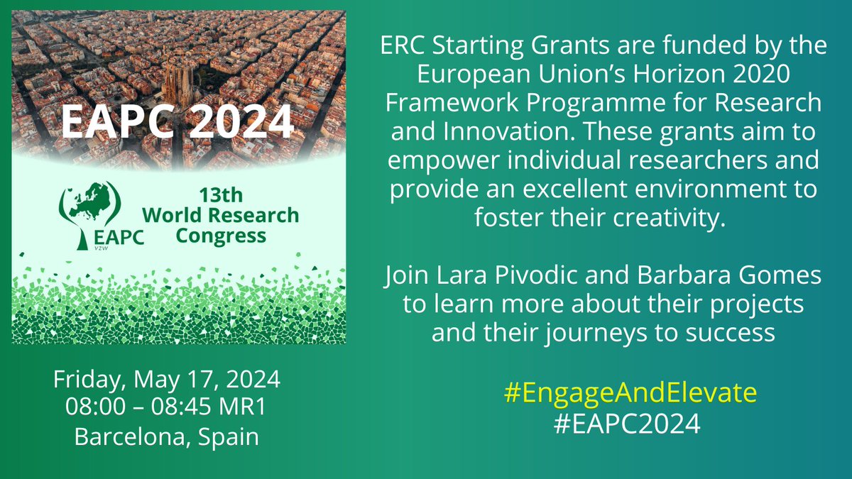 Are you interested in taking a leap forward in your research career? Do you know what ERCs are?  Come and hear about successful experiences with Lara Pivodic and @B_Gomes_ #EAPC2024 #EngageAndElevate