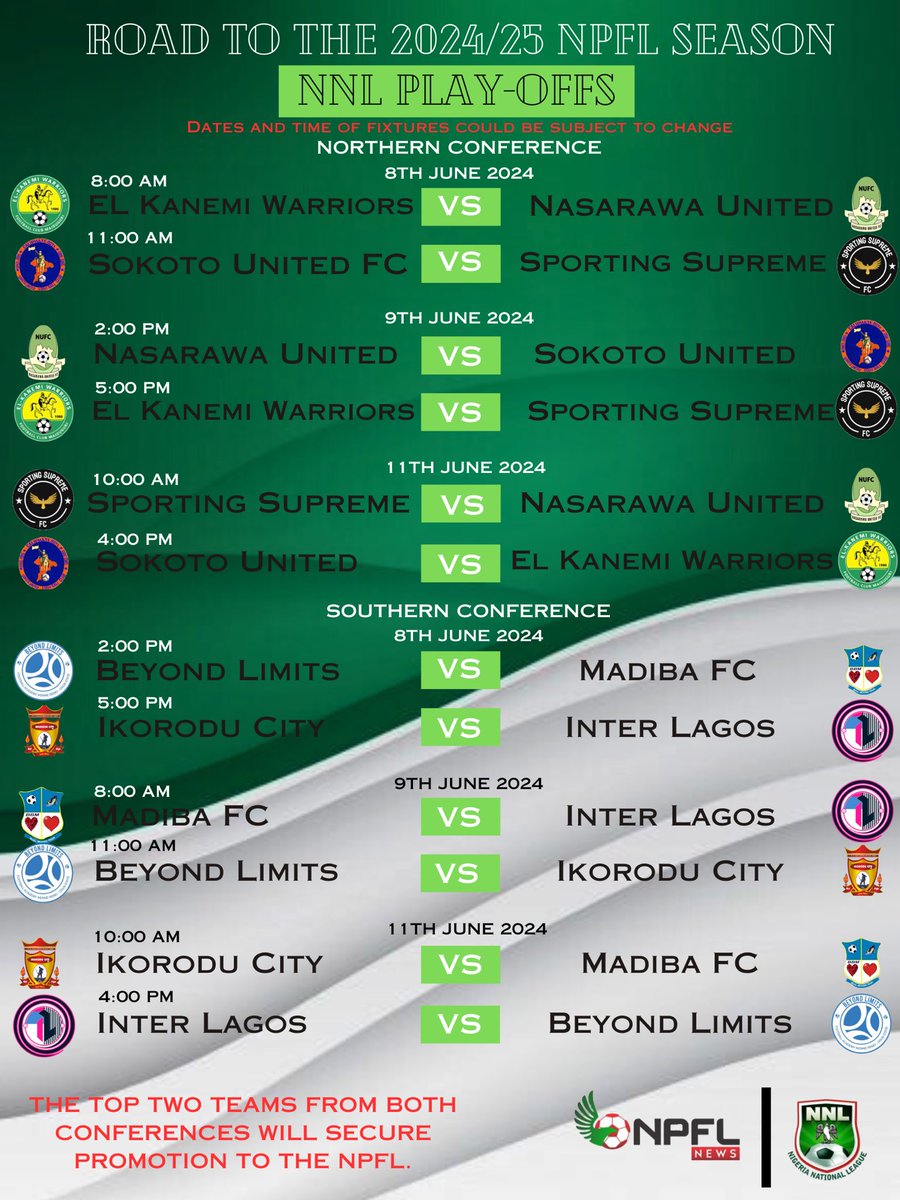 The NNL Play-offs kicks off June 8th in Enugu:

▫️Eight teams will compete for a place in #NPFL25. 

▫️The top two teams from each conference will secure promotion to the NPFL.

#ROADTONPFL25