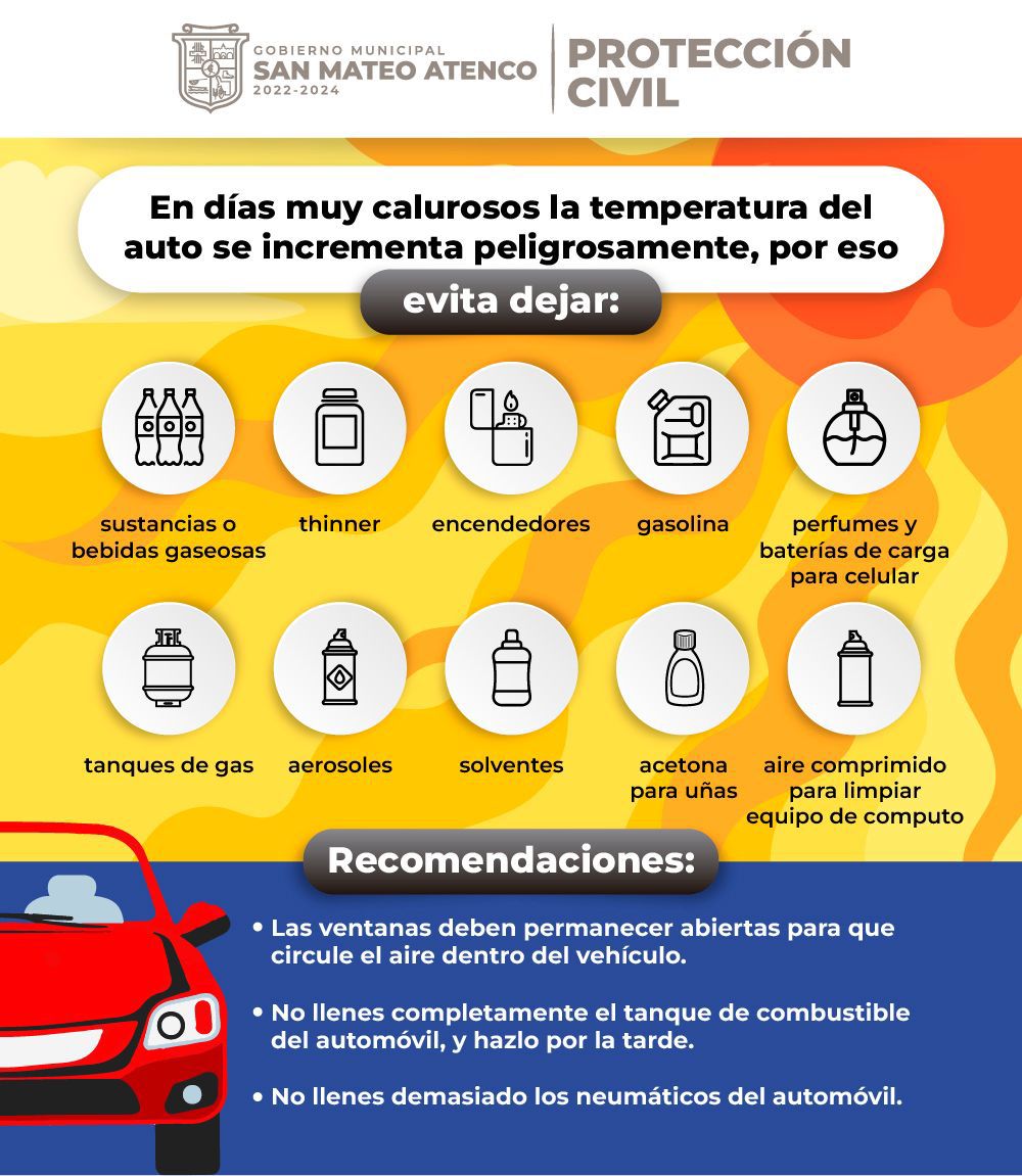 #PorTuSeguridad | Ante la intensa ☀️ #OlaDeCalor, evitar llevar o dejar estos objetos inflamables 🔥 en tu auto. 🚙 
No pongas en riesgo tu seguridad ni la de tu familia. 
#SanMateoAtenco seguro.