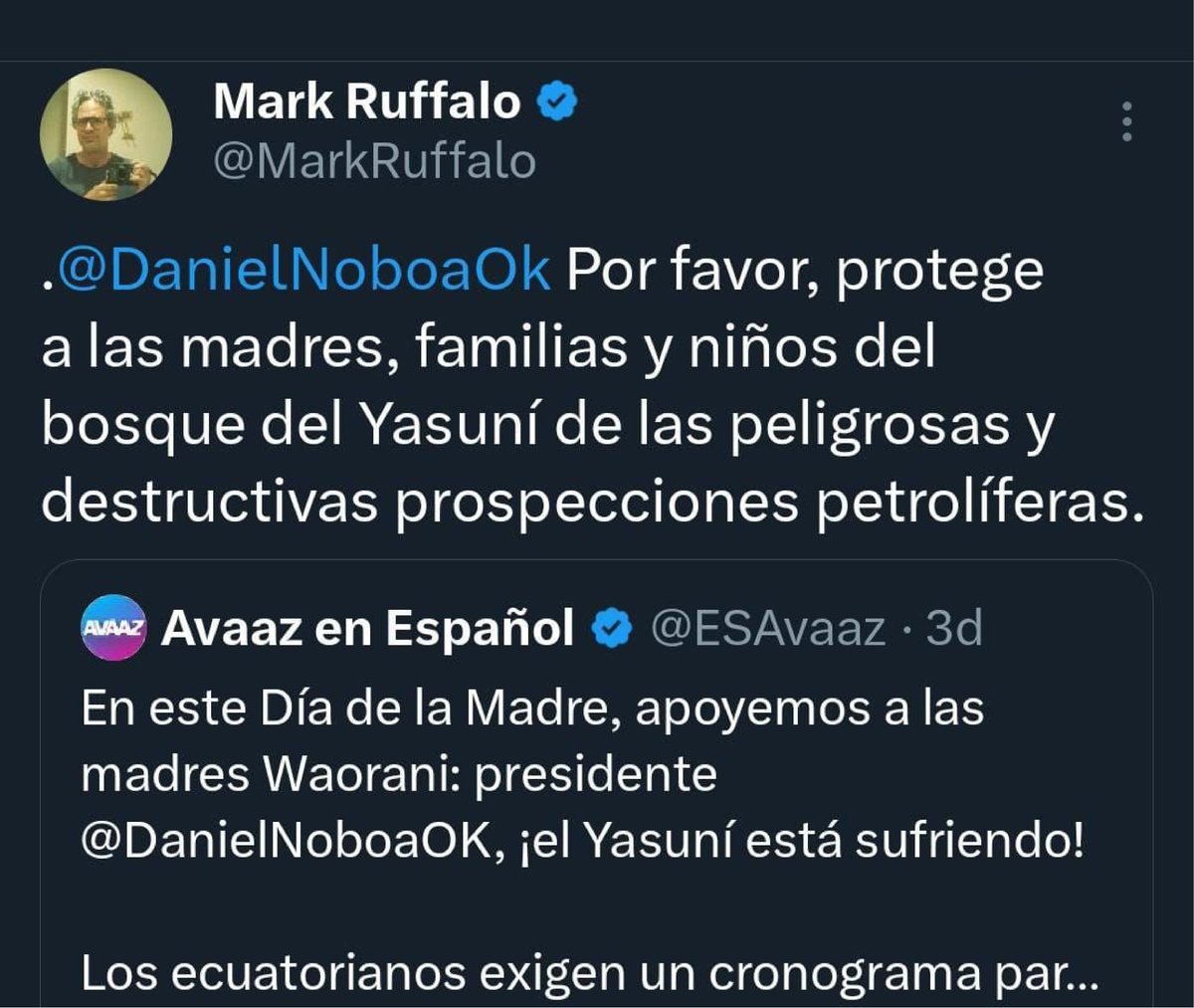 Presidente @DanielNoboaOk, el respaldo que menciona a @MarkRuffalo en temas ambientales no se nota. La comunidad internacional no come cuento, ni los ecuatorianos tampoco. Cerca de 40 organizaciones de la sociedad civil hemos pedido la renuncia de la Ministra de Ambiente