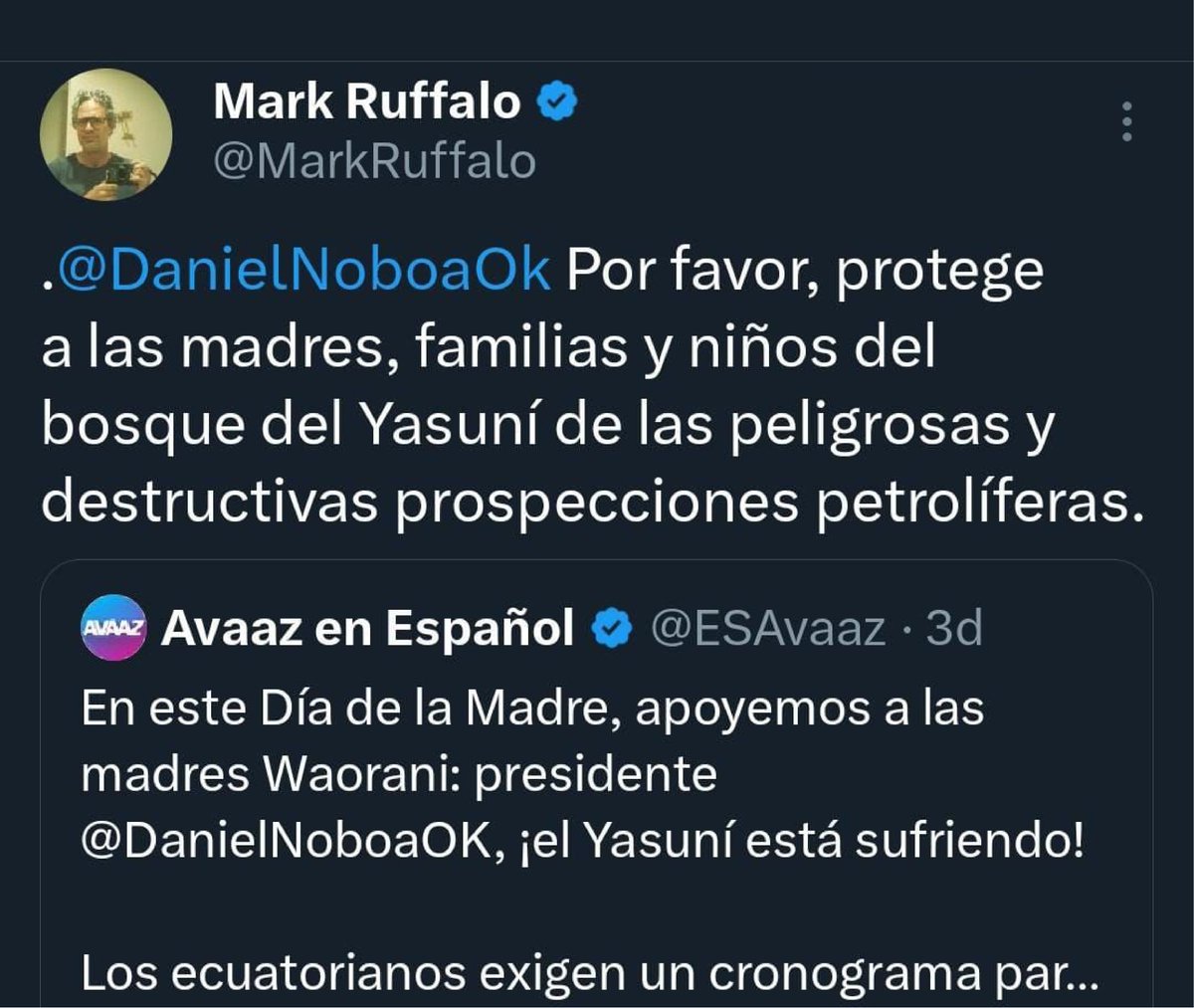 Presidente @DanielNoboaOk, el respaldo que menciona a @MarkRuffalo en temas ambientales no se nota. La comunidad internacional no come cuento, ni los ecuatorianos tampoco. 

Cerca de 40 organizaciones de la sociedad civil hemos pedido la renuncia de la Ministra de Ambiente