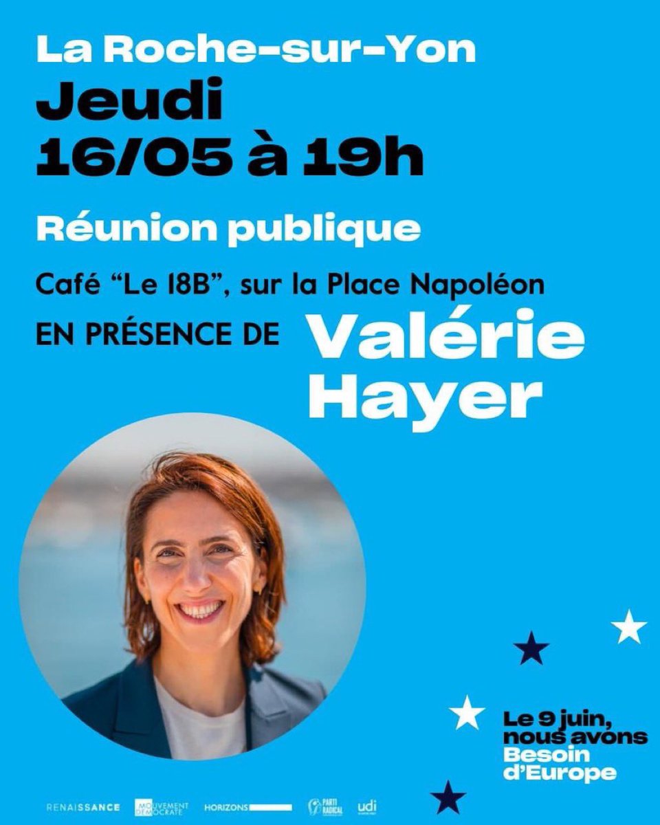 Nous sommes heureux d'accueillir demain soir à La Roche-sur-Yon notre tête de liste @BesoindEurope pour une réunion publique.

Chère <a href="/ValerieHayer/">Valérie Hayer</a>, à demain en #Vendée, avec enthousiasme et détermination ! 🔥🇪🇺