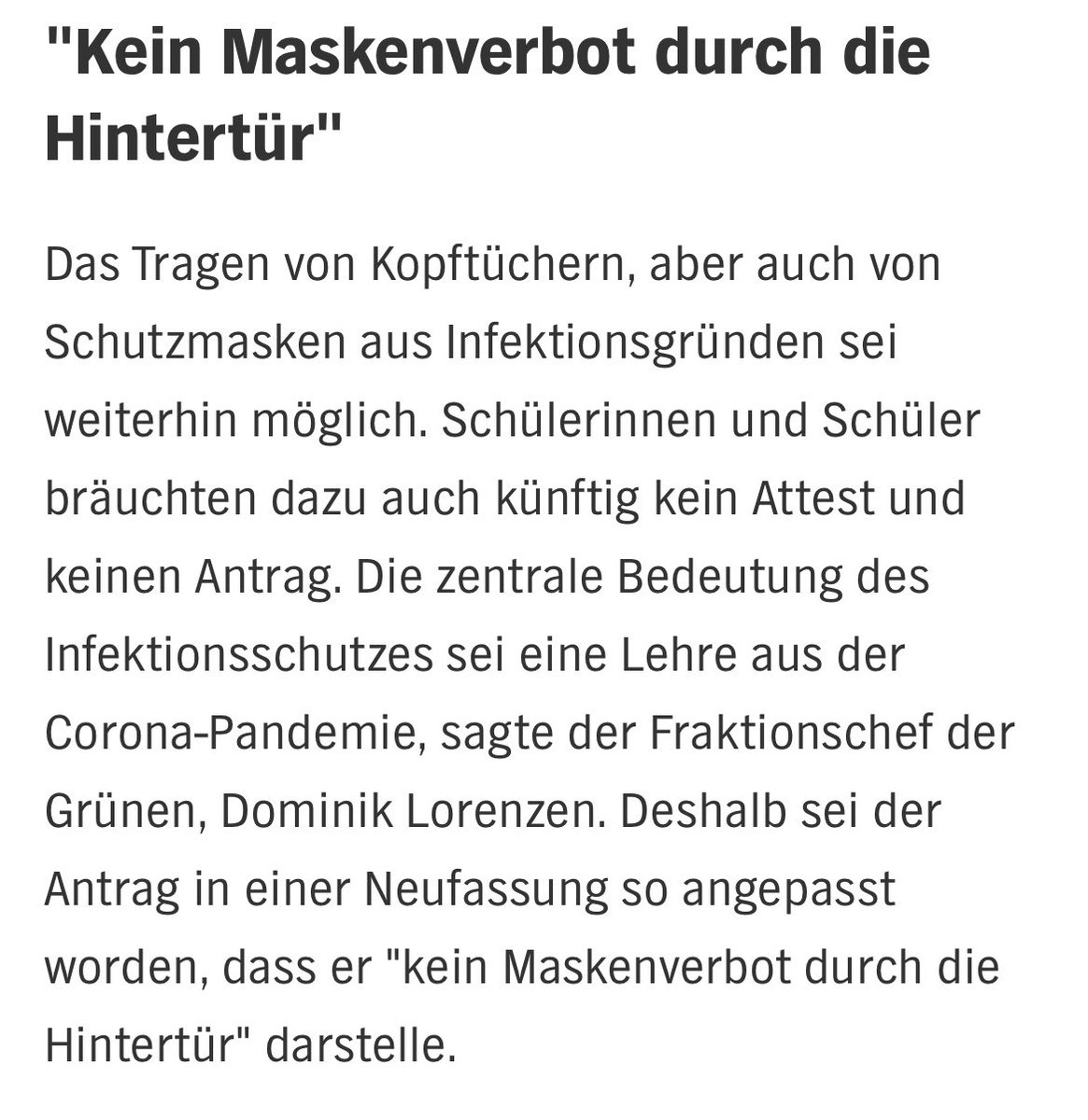 Hamburger Schulgesetz:

„Kein Maskenverbot durch die Hintertür'

„Das Tragen … von Schutzmasken aus Infektionsgründen sei weiterhin möglich. Schülerinnen und Schüler bräuchten dazu auch künftig kein Attest und keinen Antrag. Die zentrale Bedeutung …

#COVID19 #LongCovidKids