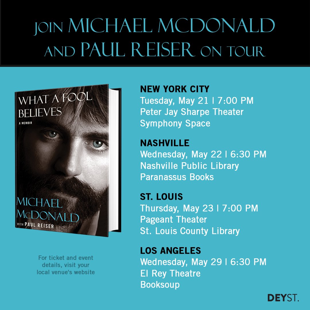 Michael McDonald and Paul Reiser head off on tour to celebrate the release of their book, WHAT A FOOL BELIEVES next week! Join them for an evening of conversation and unbelievable stories at michaelmcdonald.com/tour?fbclid=PA…