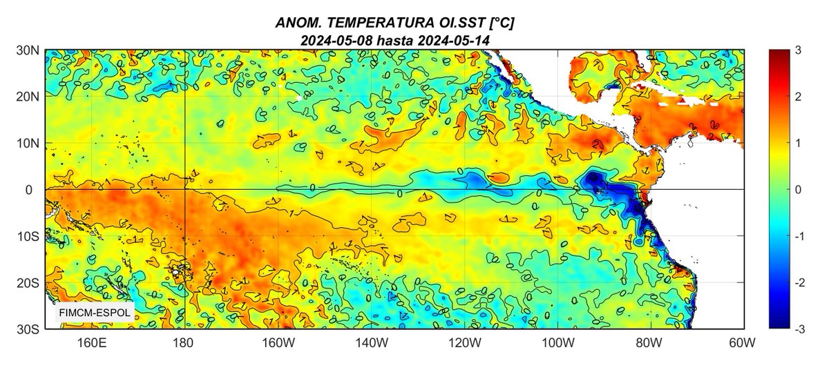 EnosMonitoreo's tweet image. #ATSM Las condiciones normales de El Niño-Oscilación del Sur (ENOS) se van consolidando en el Pacífico Tropical. Valores semanales de referencia, centrado el 8-mayo: N3.4 (Pac Central), +0.3°C. N1+2 (Pac Oriental), -0.4°C.

Promedio de 7 días, 8-14 de mayo de 2024.