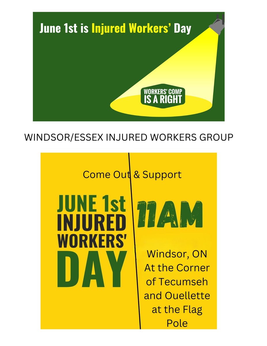 #InjuredWorkersDay Rally in #Windsor on Saturday, June 1st 2024 at 11am at the Corner of Tecumseh and Ouellette Avenue at the Flag Pole @WDLCWindsor @ONIWG @OFLabour #onlab #WorkersCompIsARight #EnoughIsEnough #Justice4Workers #StrongerTogether #onpoli #Ontario #InjuredWorkers
