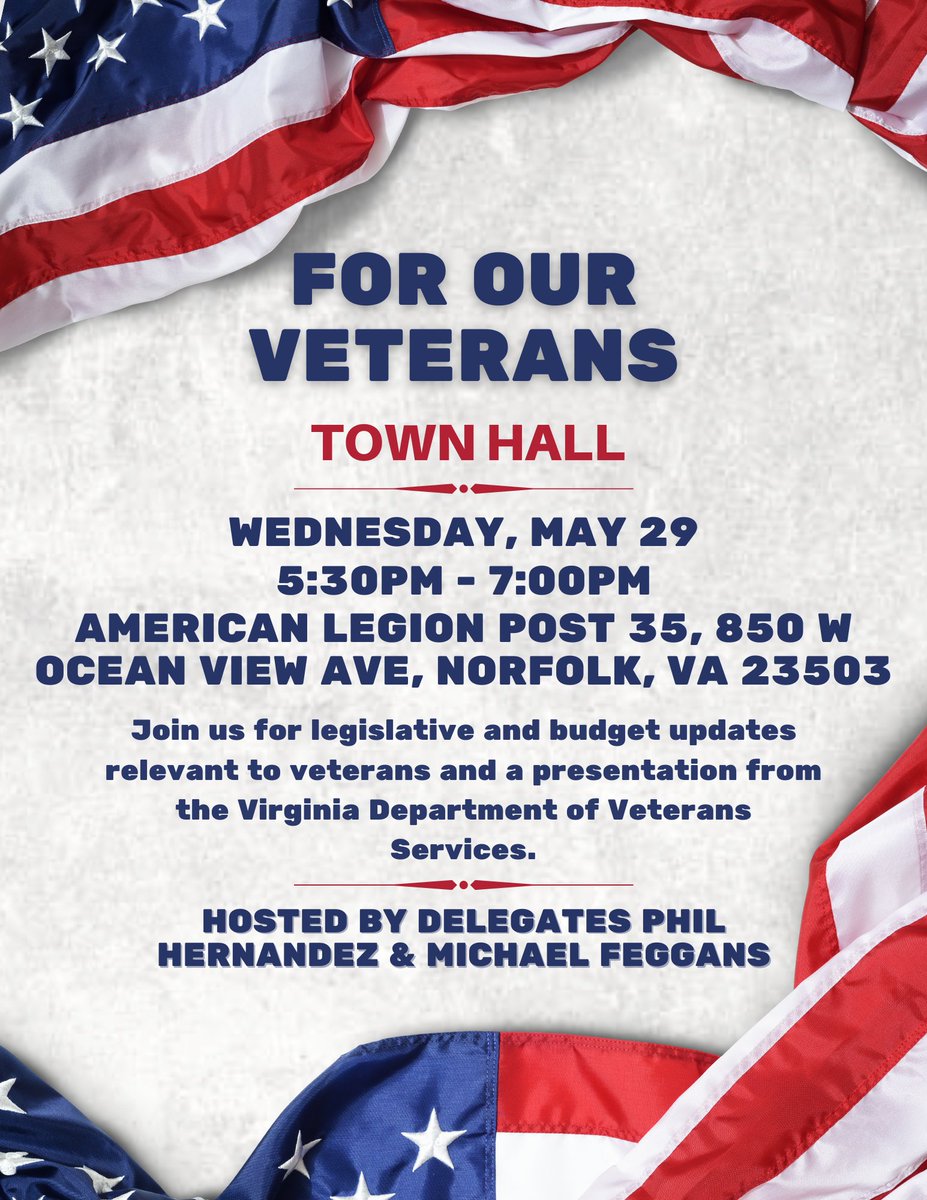 Please join us for this upcoming town hall on 5/29. We'll be focused on legislation & budget investments relevant to veterans. There will also be a presentation from the Virginia Department of Veterans Services. Del. @MikeFeggans and I hope to see you there!