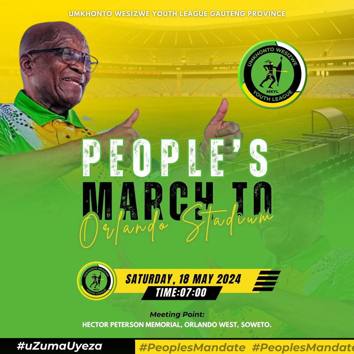 People's March to Orlando Stadium by the MK Youth League. On 18 May 2024.

From the Hector Peterson Memorial, Orlando West, Soweto at 7am.

#ThePeoplesMandate  #MKInOrlandoStadium 

Gwaza Mkhonto! #VoteMK2024