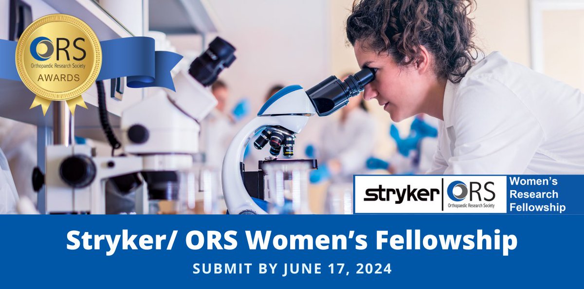 Accepting applications for the Stryker/ORS Women’s Research Fellowship! This opportunity supports female ORS members with recent PhDs in #science or #engineering, offering up to $50k for one year of research in #orthopaedic technology. Submit by June 17: bit.ly/3PjjspR