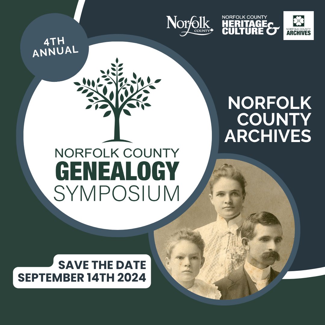 Mark your calendars for September 14, 2024 for the much-anticipated 4th Annual Genealogy Symposium <a href="/NorfolkArchives/">Norfolk County Archives</a> $25 per person, tickets on sale starting July 15. Join us for a day filled with genealogical discoveries and community connections! <a href="/NorfolkCountyCA/">Norfolk County</a> #genealogy