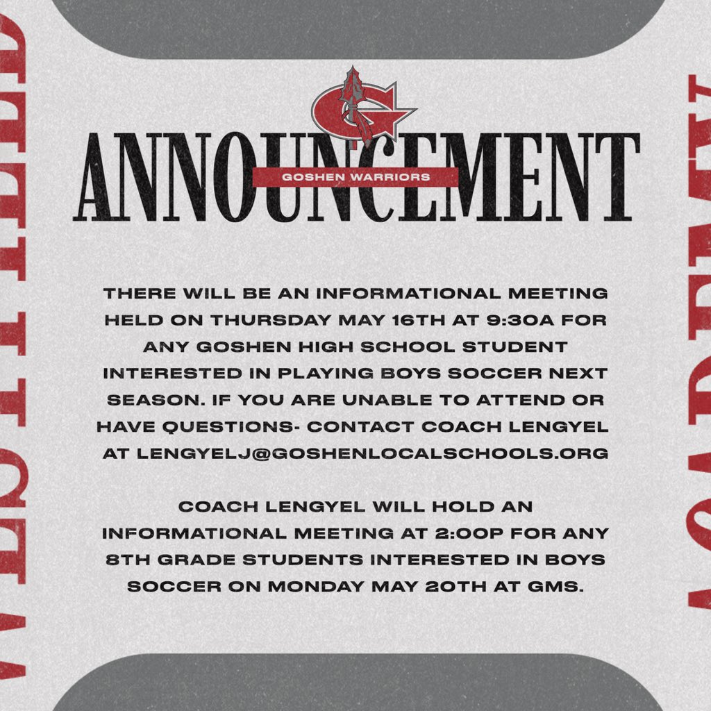HS Boys ⚽️ Information <a href="/GoshenLocal/">Goshen Local Schools</a> <a href="/GoshenWarriors/">Goshen High School</a> @goshen_high
